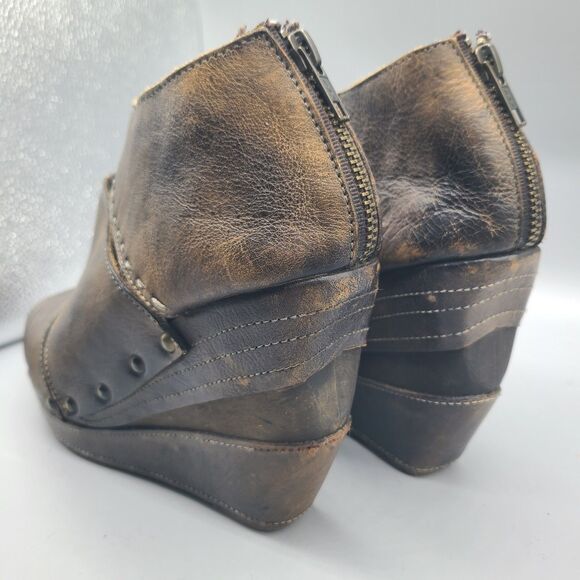 Bed Stu Open Toes shoes brown distressed leather Booties wedge back zip Sz 8 - Picture 6 of 9